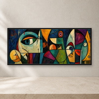 Colorful cubist abstract framed canvas wall art with geometric faces, blue teal gold red and purple tones