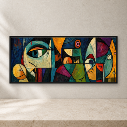 Colorful cubist abstract framed canvas wall art with geometric faces, blue teal gold red and purple tones