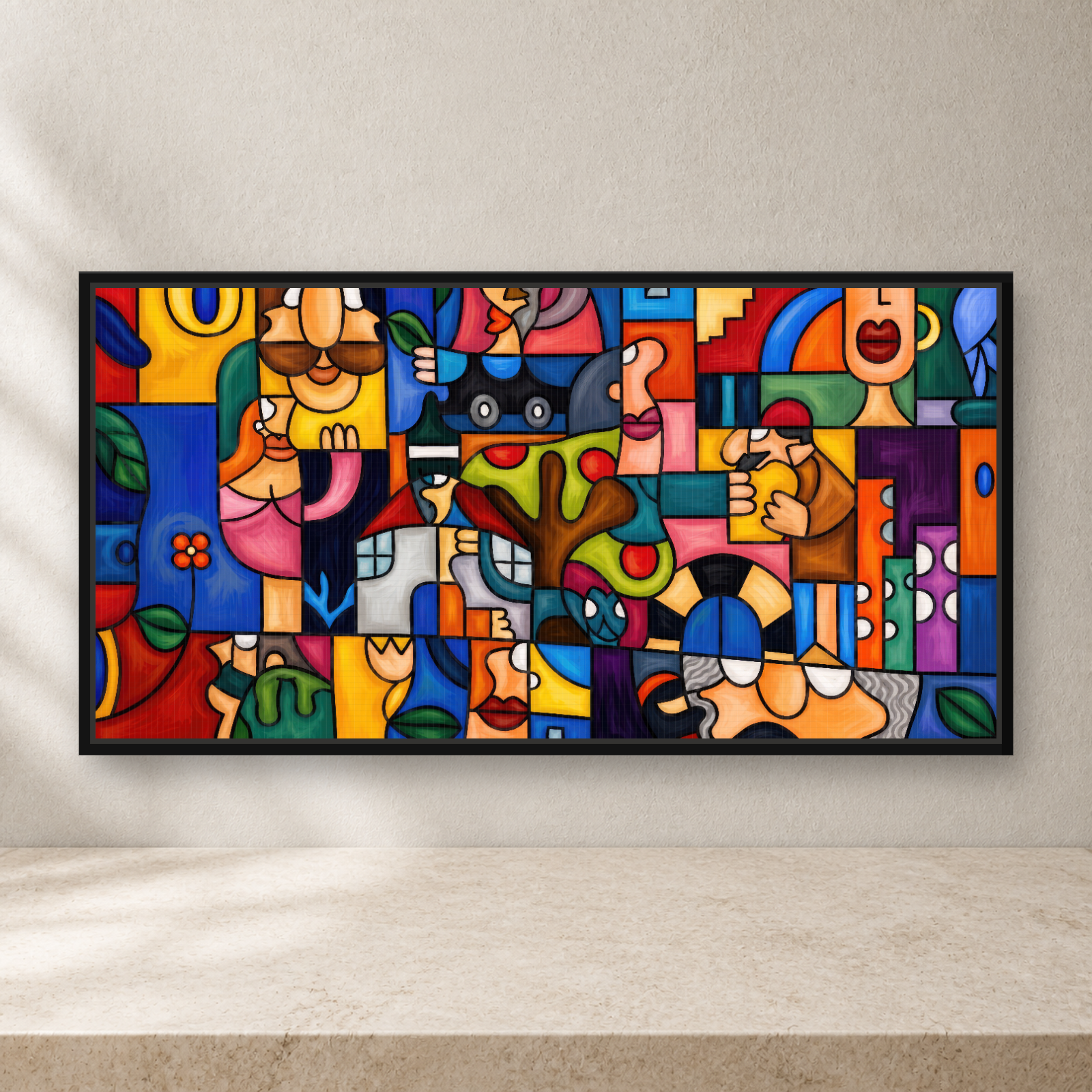 Geometry Framed Canvas Wall Art – Colorful Cubist Abstract Artwork
