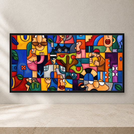 Geometry Framed Canvas Wall Art – Colorful Cubist Abstract Artwork