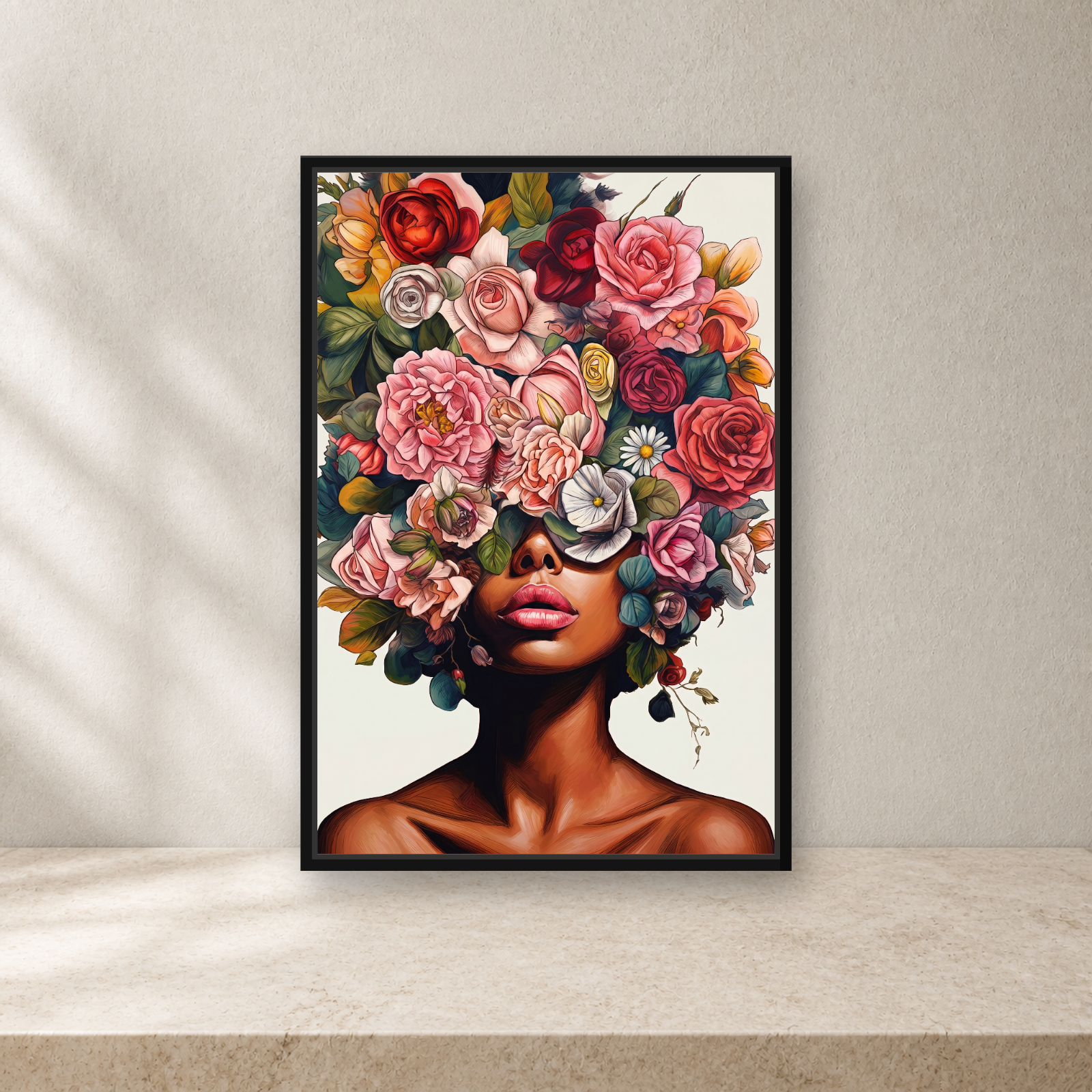 Floral Muse Framed Canvas Wall Art – Elegant Botanical Woman Portrait
