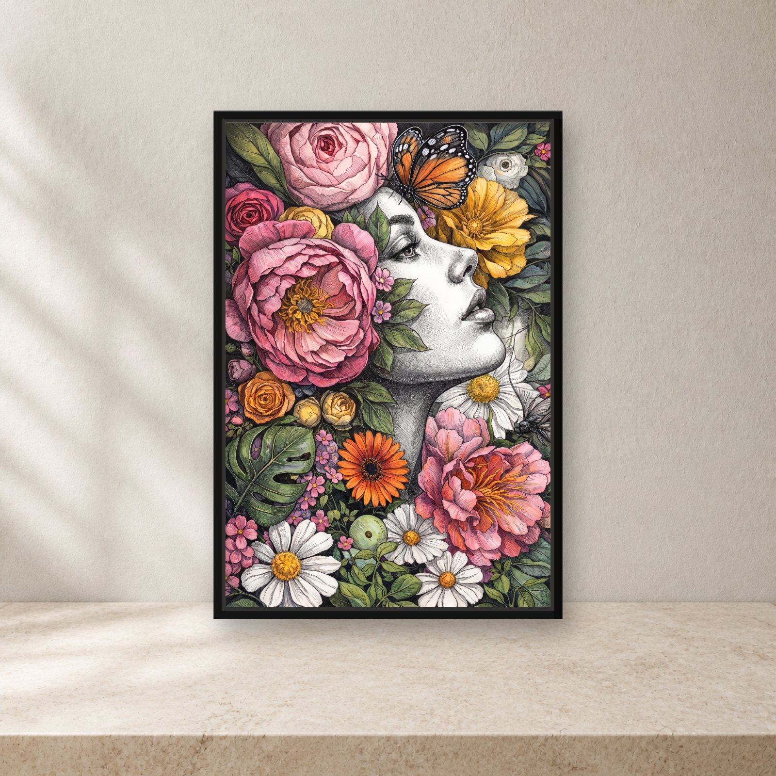 Floral Muse Framed Canvas Wall Art – Elegant Botanical Woman Portrait