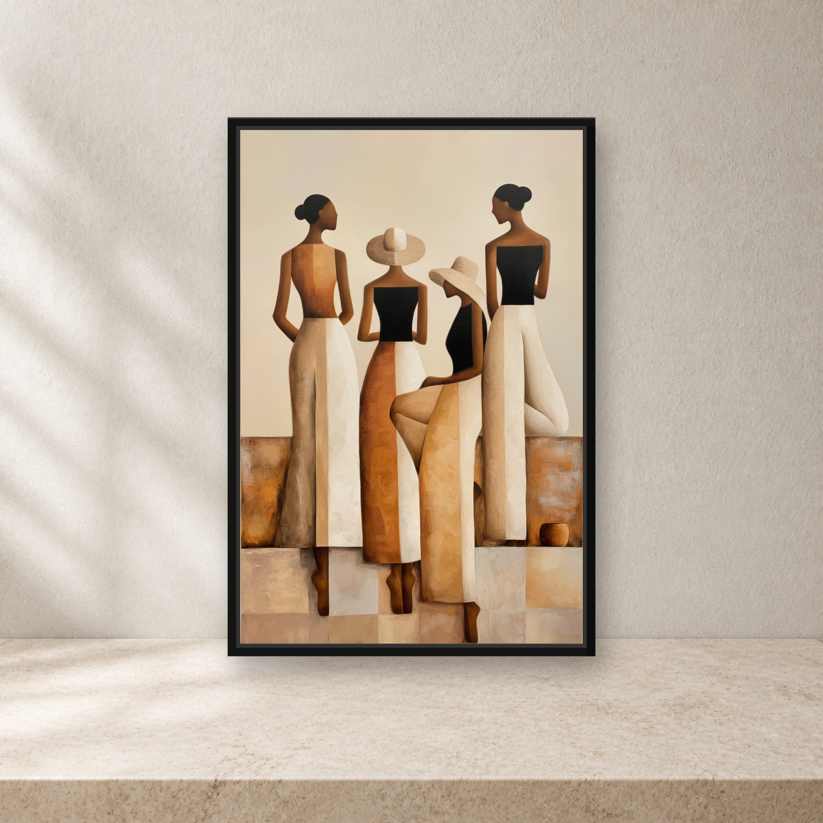 Sisterhood in Neutrals Framed Canvas Wall Art – Elegant Figurative Artwork