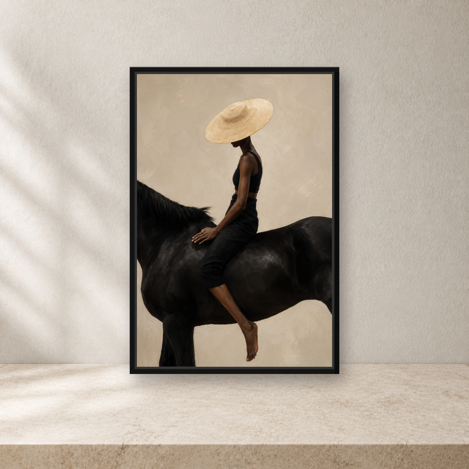 Quiet Ride Framed Canvas Wall Art – Elegant Woman on Black Horse Artwork