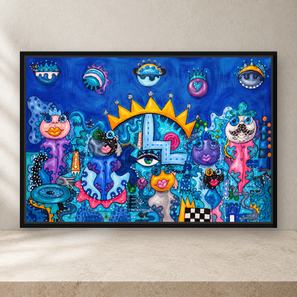 Blue whimsical framed canvas wall art with crowned surreal characters, turquoise accents, golden crowns, and colorful pop art details