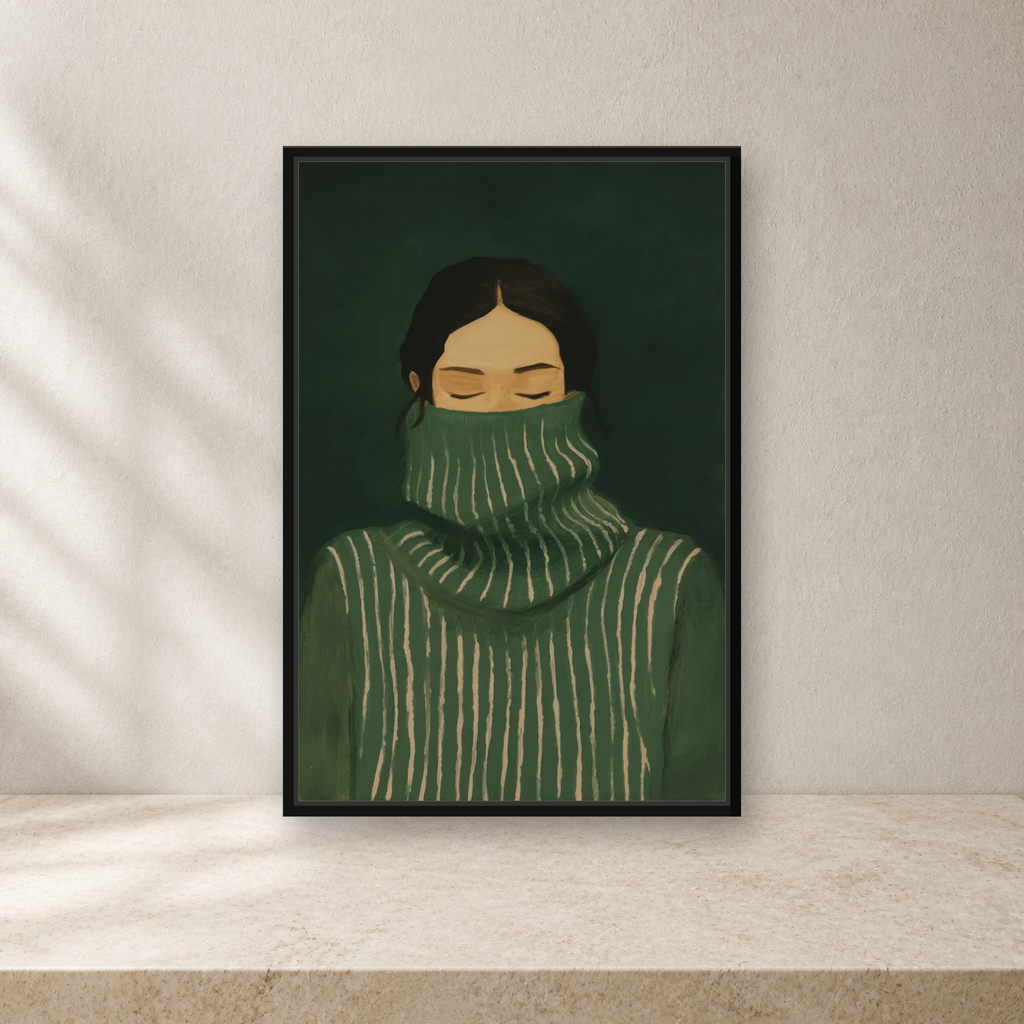 Emerald Stillness Framed Canvas Wall Art – Minimalist Figurative Portrait