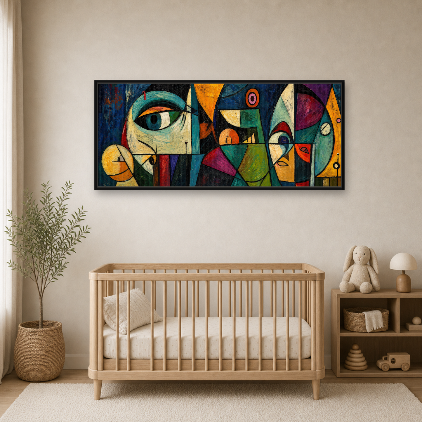 Midnight Geometry Framed Canvas Wall Art – Colorful Cubist Abstract Artwork