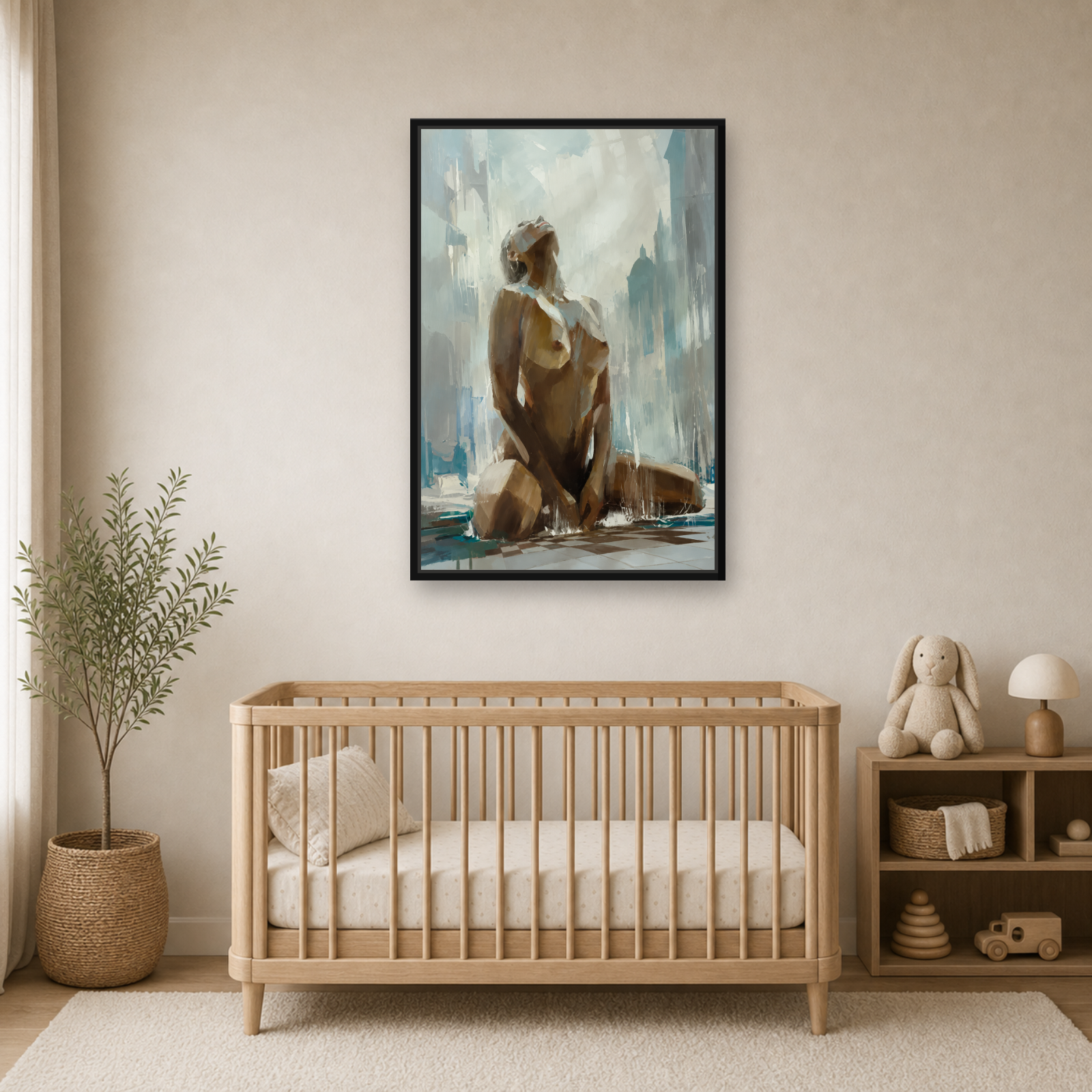 Rainfall Muse Framed Canvas Wall Art – Modern Figurative Woman Artwork