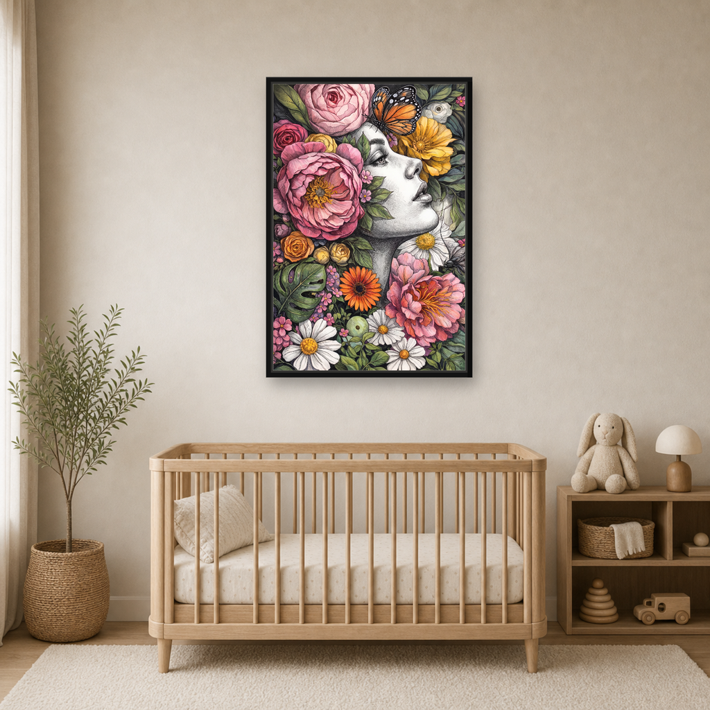 Floral Muse Framed Canvas Wall Art – Elegant Botanical Woman Portrait