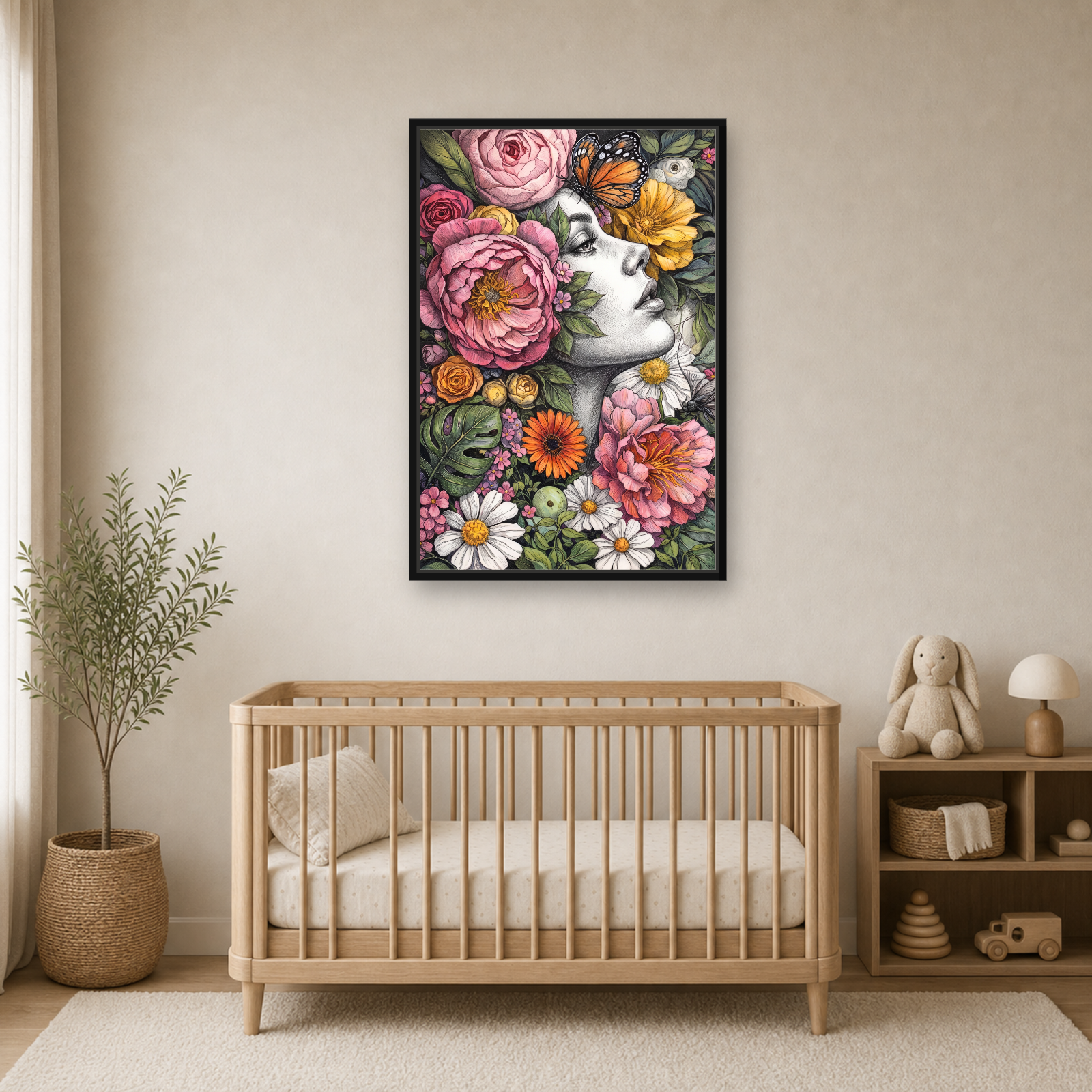 Floral Muse Framed Canvas Wall Art – Elegant Botanical Woman Portrait