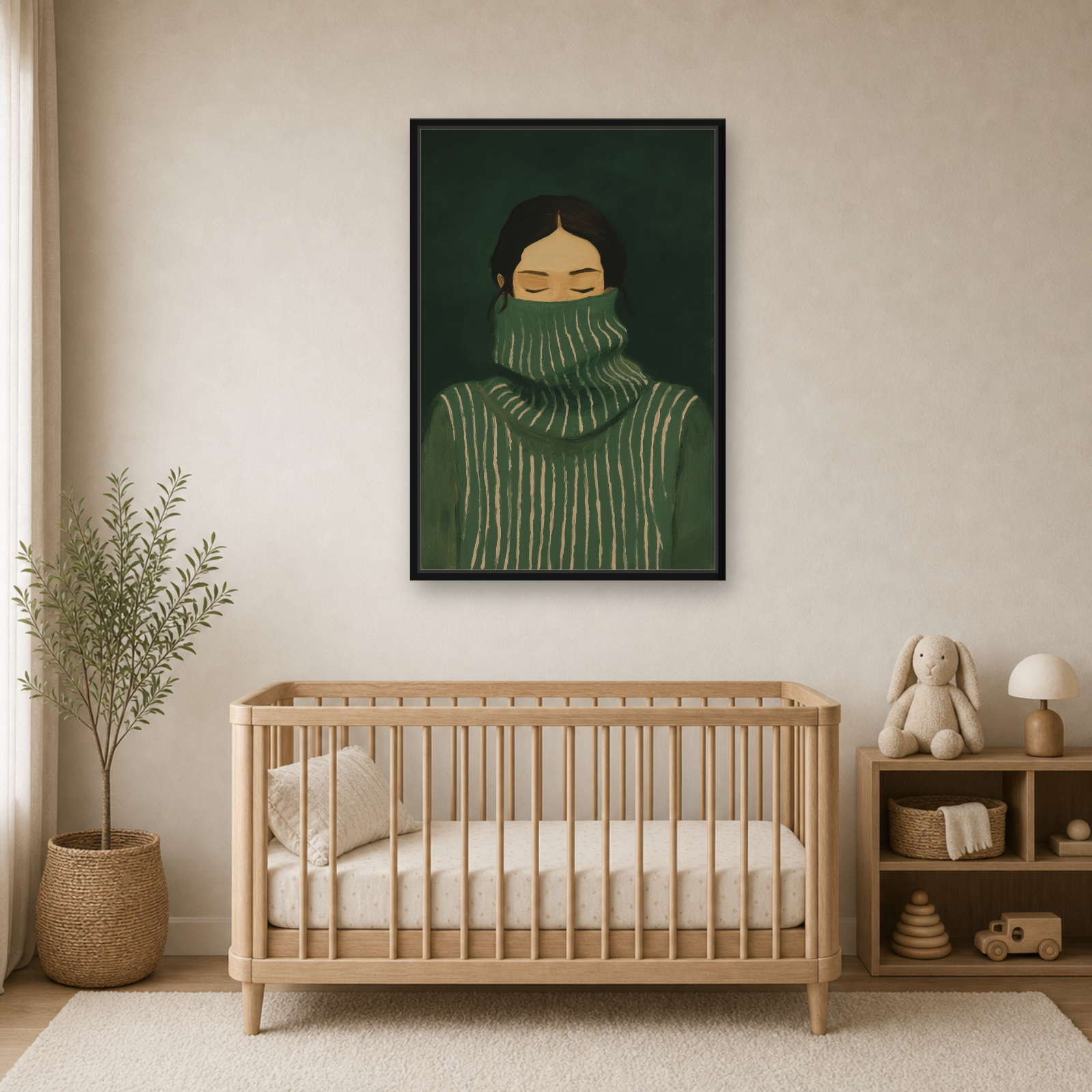 Emerald Stillness Framed Canvas Wall Art – Minimalist Figurative Portrait