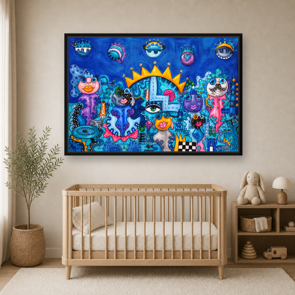 Blue Kingdom Framed Canvas Wall Art – Whimsical Surreal Pop Art