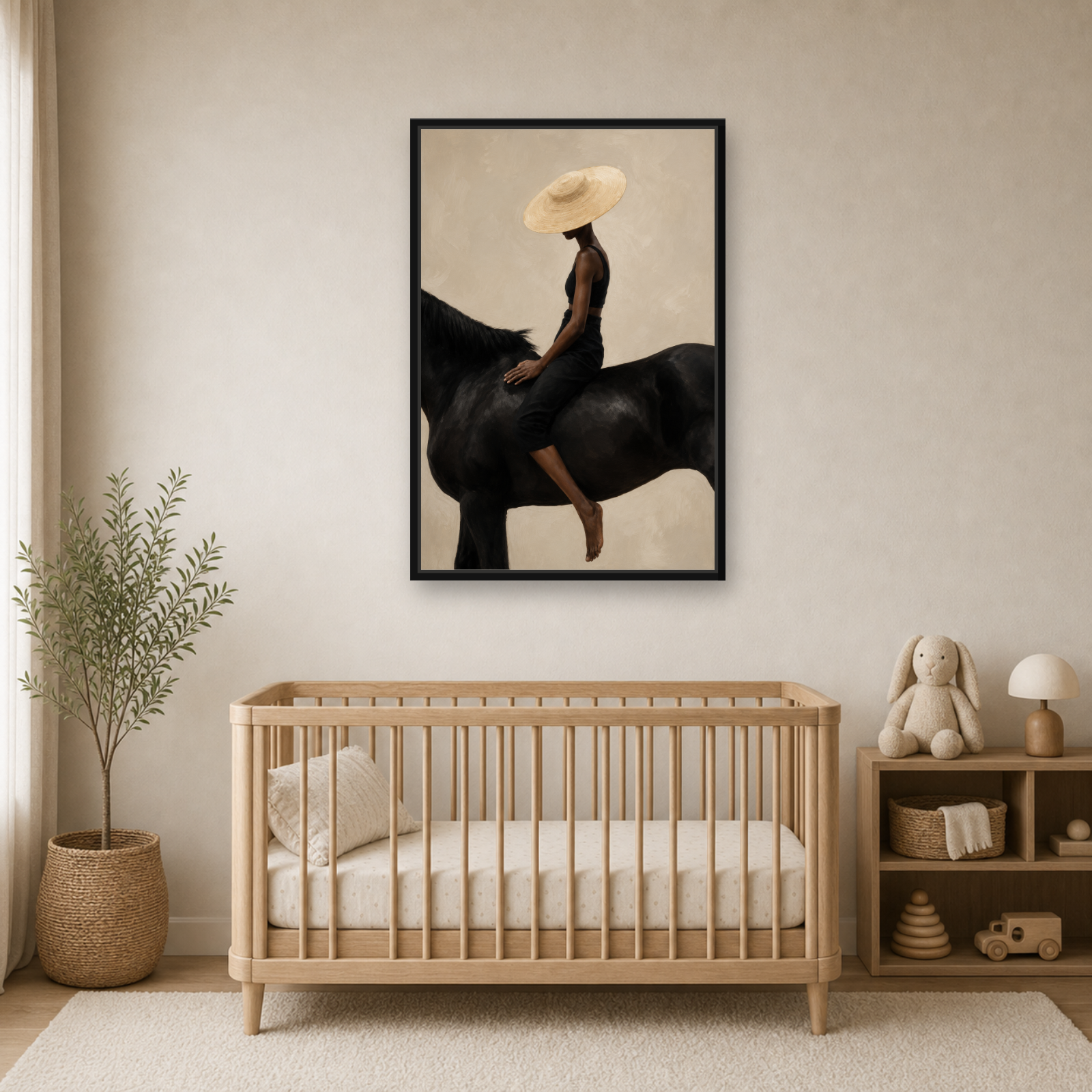 Quiet Ride Framed Canvas Wall Art – Elegant Woman on Black Horse Artwork
