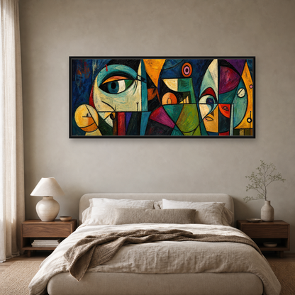 Midnight Geometry Framed Canvas Wall Art – Colorful Cubist Abstract Artwork