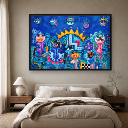 Blue Kingdom Framed Canvas Wall Art – Whimsical Surreal Pop Art
