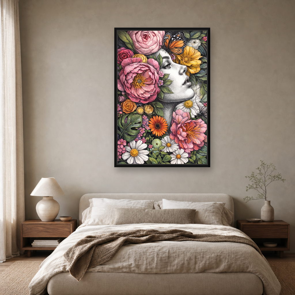Floral Muse Framed Canvas Wall Art – Elegant Botanical Woman Portrait