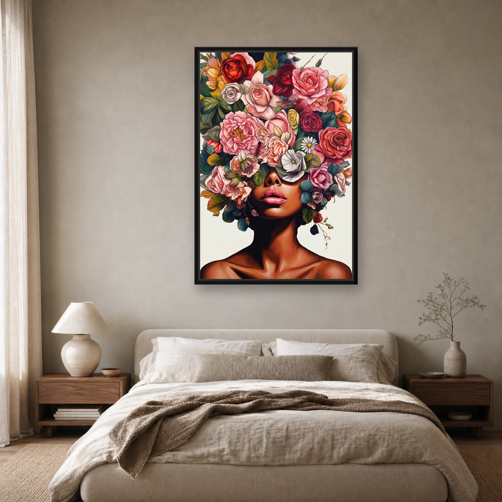 Floral Muse Framed Canvas Wall Art – Elegant Botanical Woman Portrait