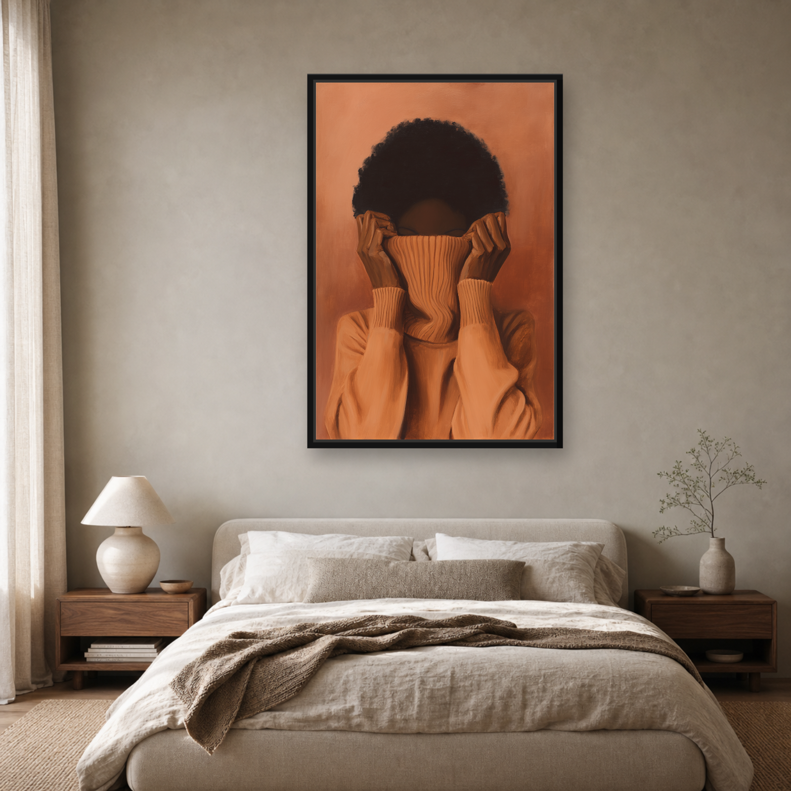 Black Orange Woman Framed Canvas Wall Art – Minimalist Figurative Portrait