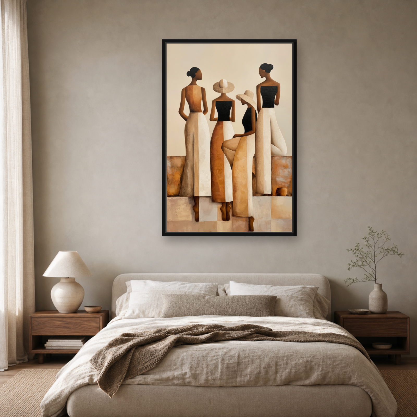 Sisterhood in Neutrals Framed Canvas Wall Art – Elegant Figurative Artwork