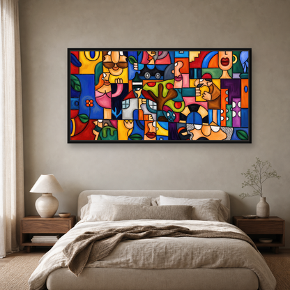 Geometry Framed Canvas Wall Art – Colorful Cubist Abstract Artwork