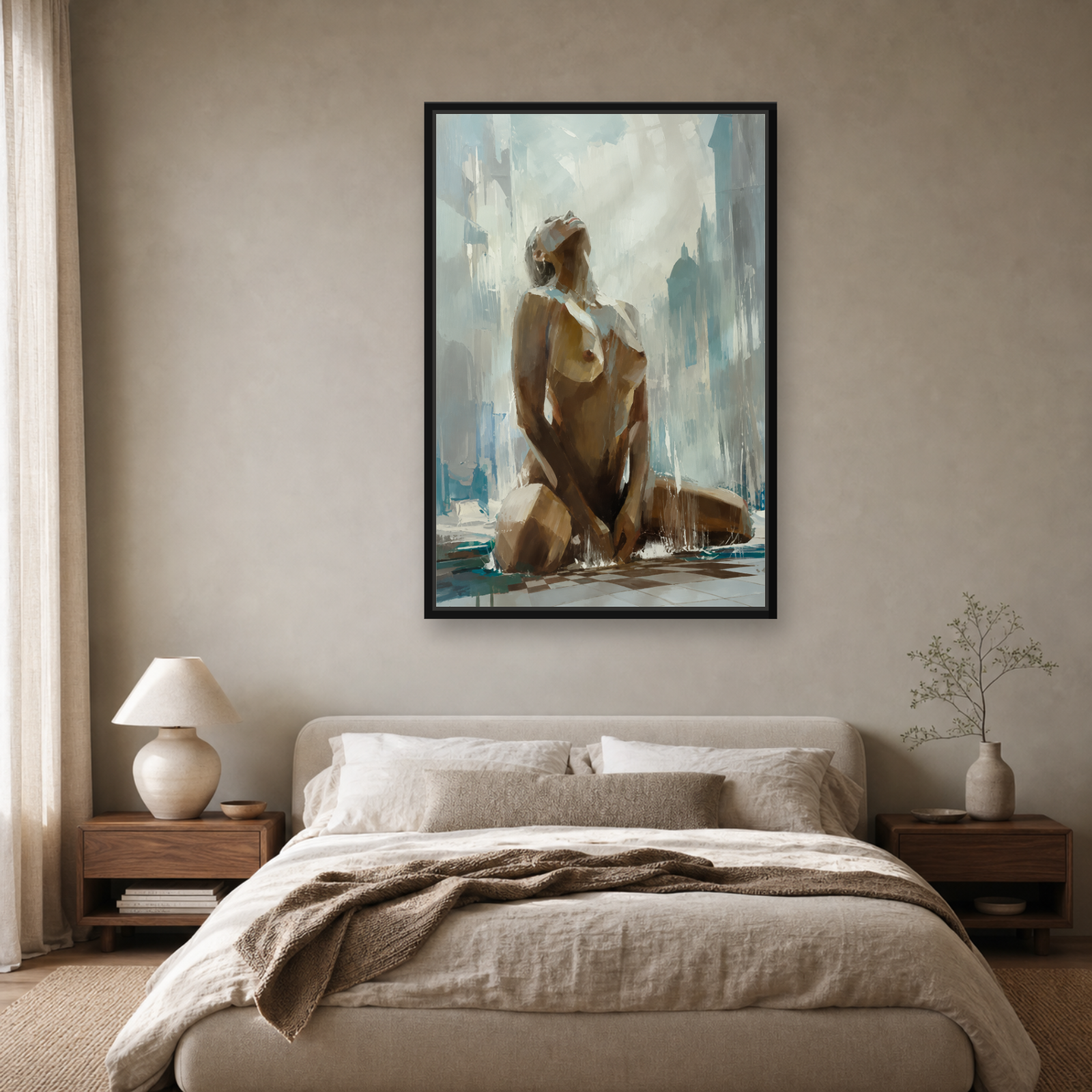 Rainfall Muse Framed Canvas Wall Art – Modern Figurative Woman Artwork