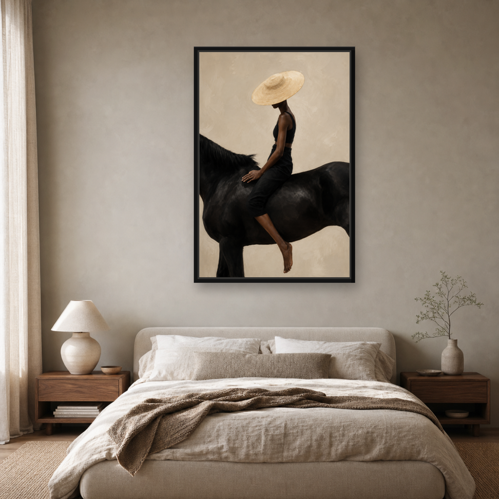 Quiet Ride Framed Canvas Wall Art – Elegant Woman on Black Horse Artwork