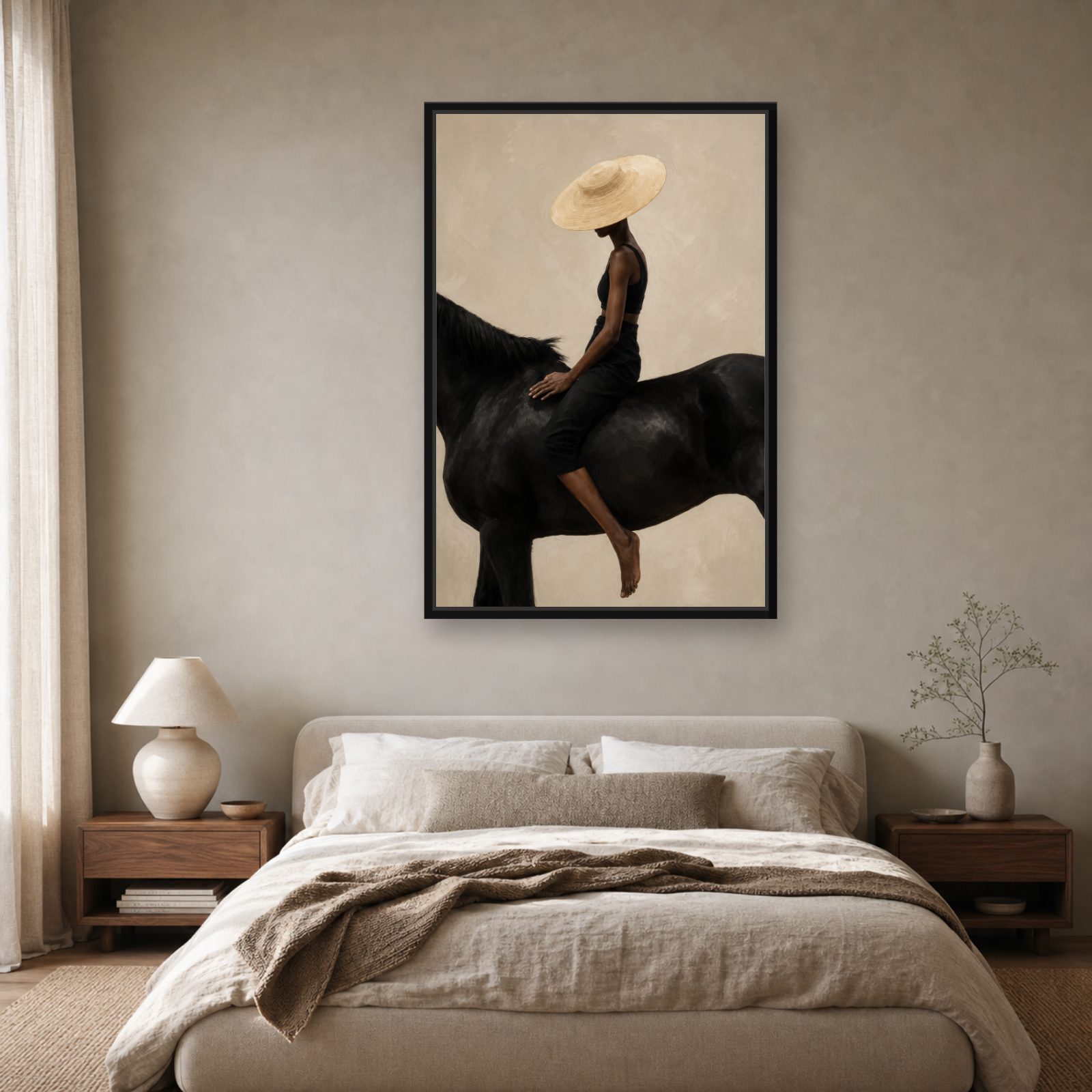 Quiet Ride Framed Canvas Wall Art – Elegant Woman on Black Horse Artwork