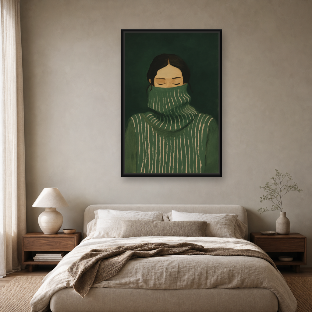 Emerald Stillness Framed Canvas Wall Art – Minimalist Figurative Portrait