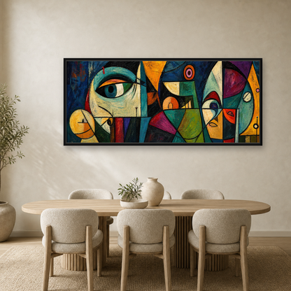 Midnight Geometry Framed Canvas Wall Art – Colorful Cubist Abstract Artwork