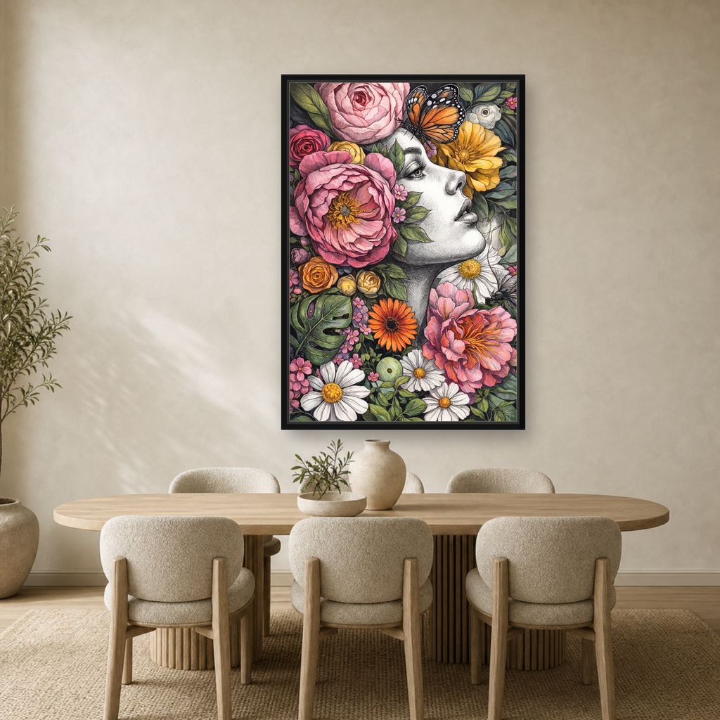 Floral Muse Framed Canvas Wall Art – Elegant Botanical Woman Portrait