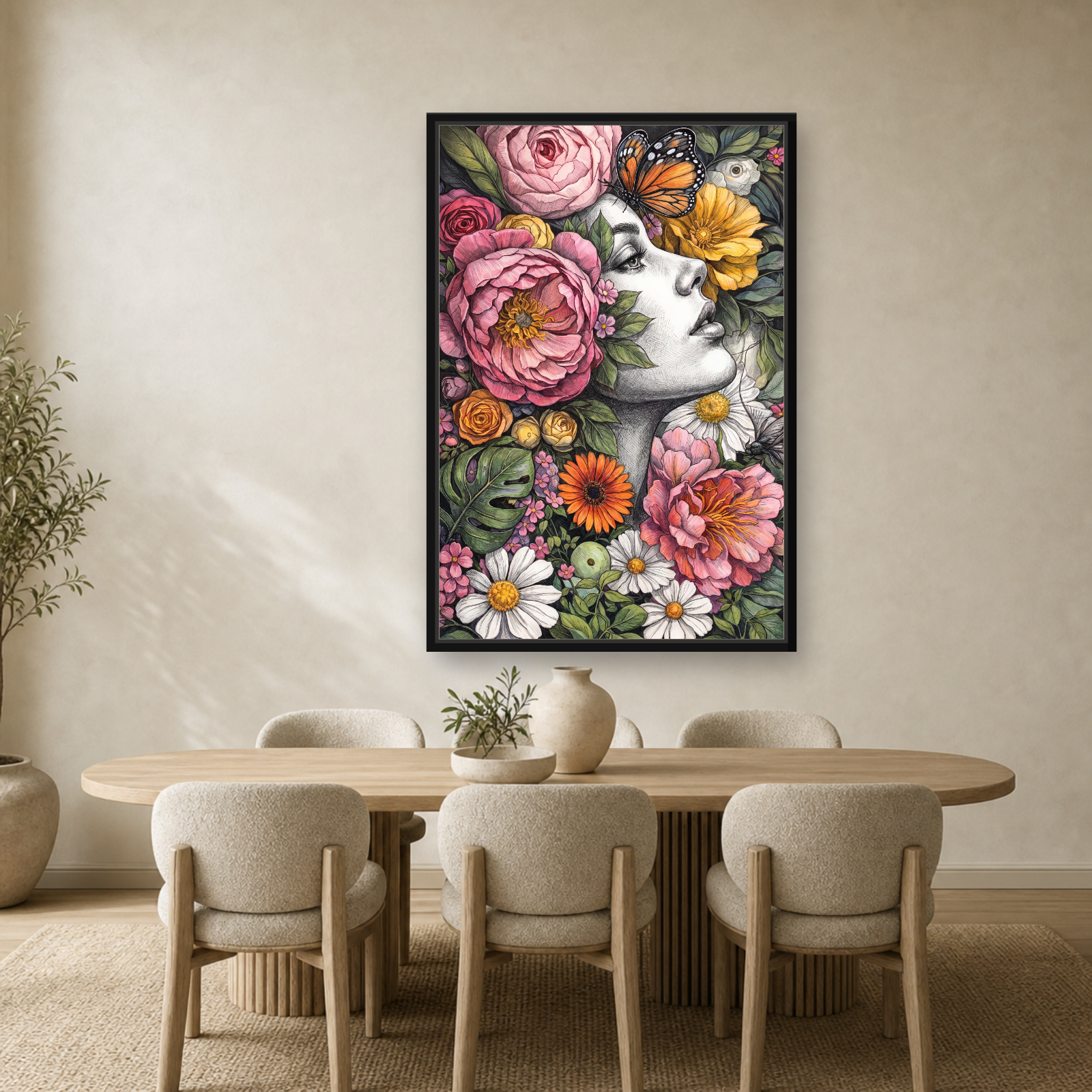 Floral Muse Framed Canvas Wall Art – Elegant Botanical Woman Portrait