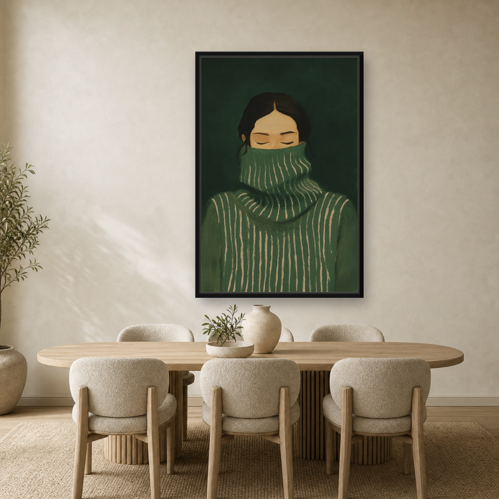 Emerald Stillness Framed Canvas Wall Art – Minimalist Figurative Portrait