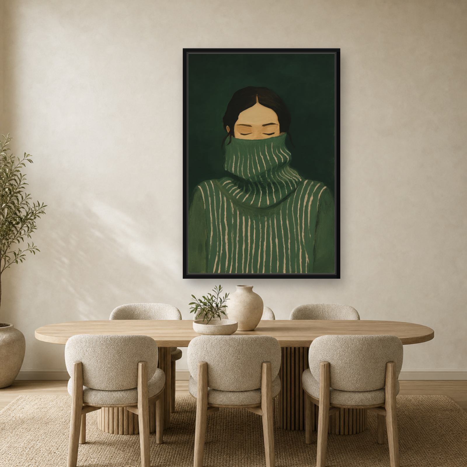 Emerald Stillness Framed Canvas Wall Art – Minimalist Figurative Portrait