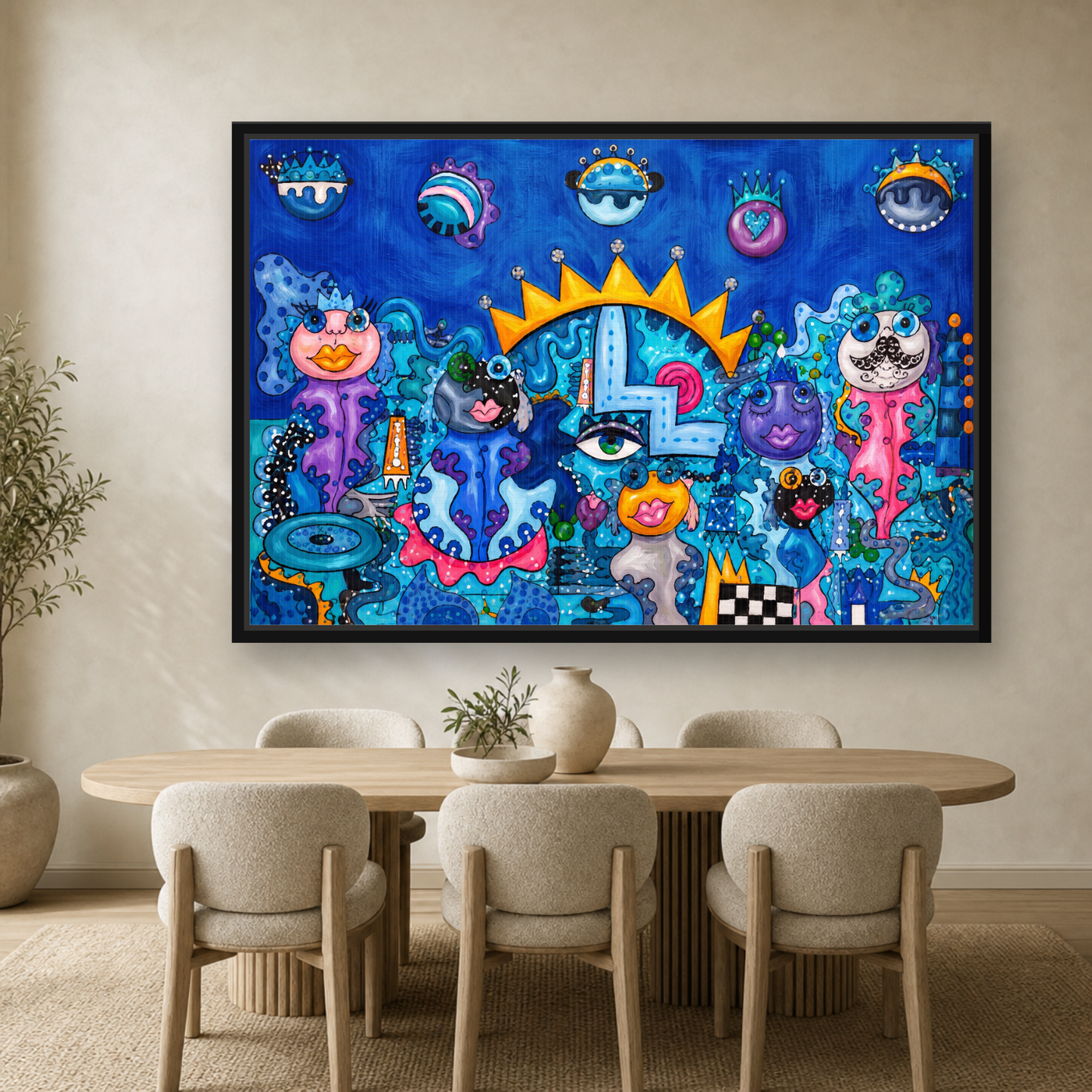Blue Kingdom Framed Canvas Wall Art – Whimsical Surreal Pop Art