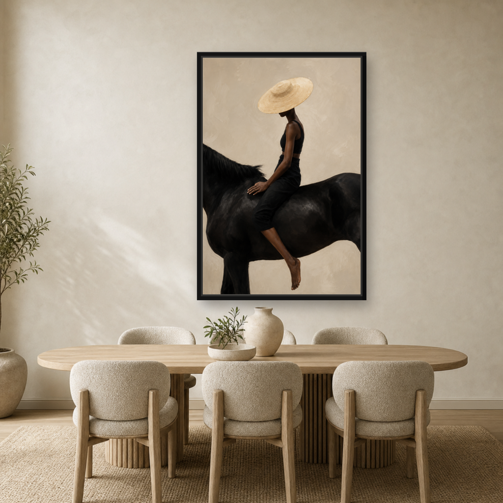 Quiet Ride Framed Canvas Wall Art – Elegant Woman on Black Horse Artwork
