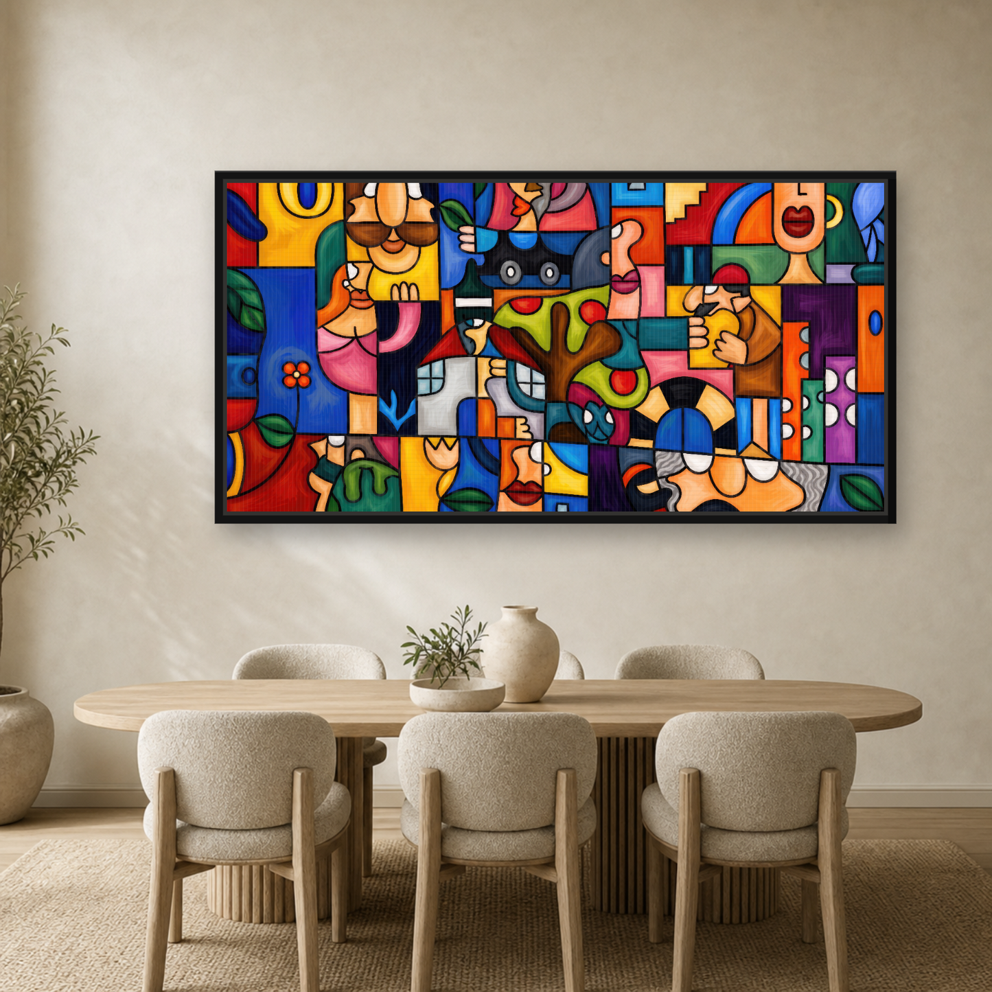 Geometry Framed Canvas Wall Art – Colorful Cubist Abstract Artwork