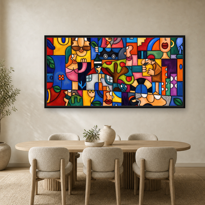 Geometry Framed Canvas Wall Art – Colorful Cubist Abstract Artwork