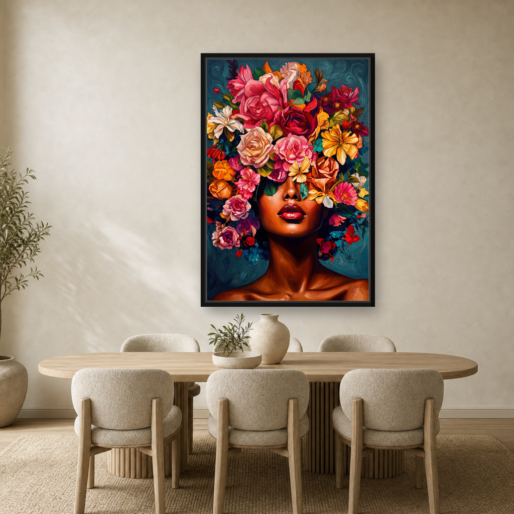 Floral Muse Framed Canvas Wall Art – Elegant Botanical Woman Portrait