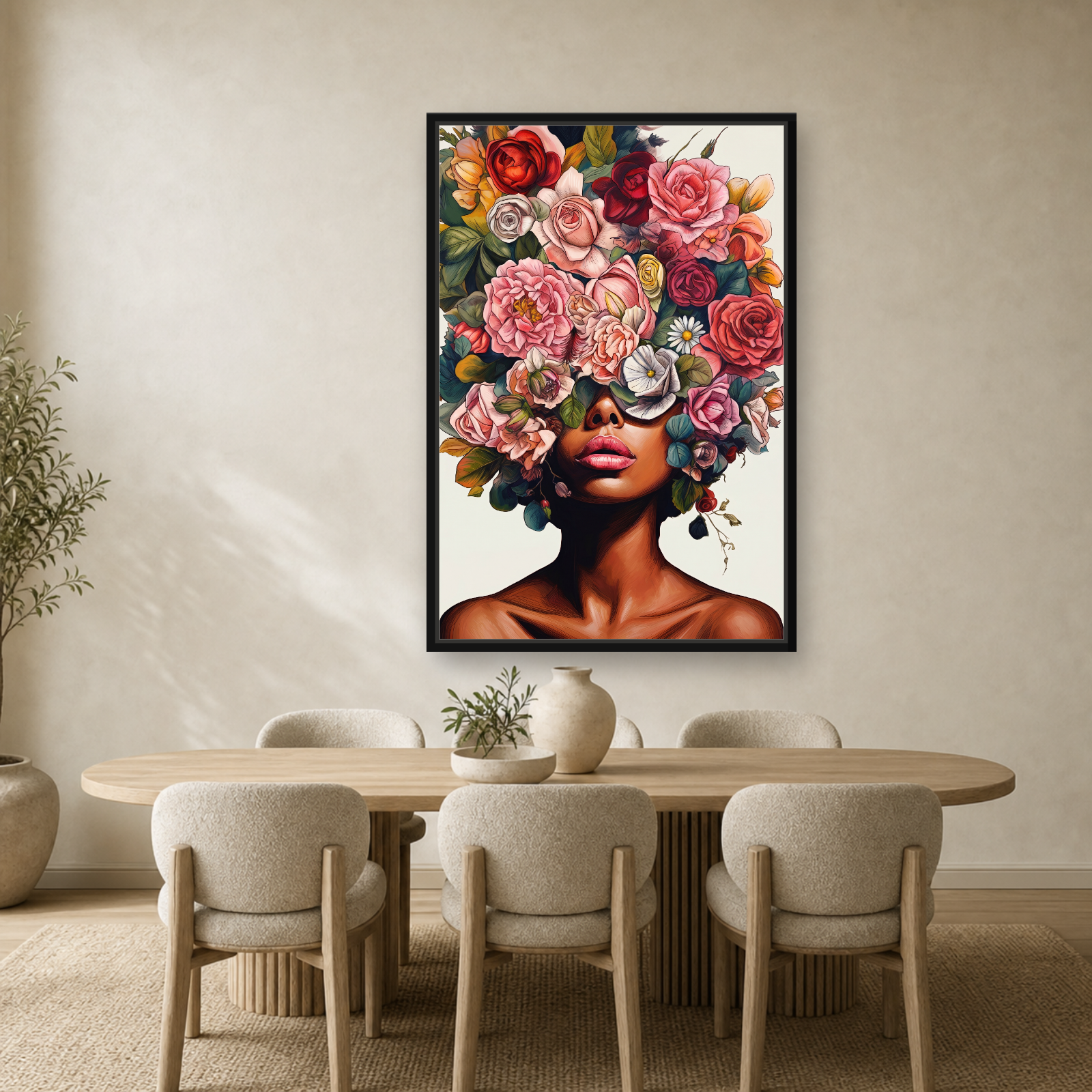 Floral Muse Framed Canvas Wall Art – Elegant Botanical Woman Portrait