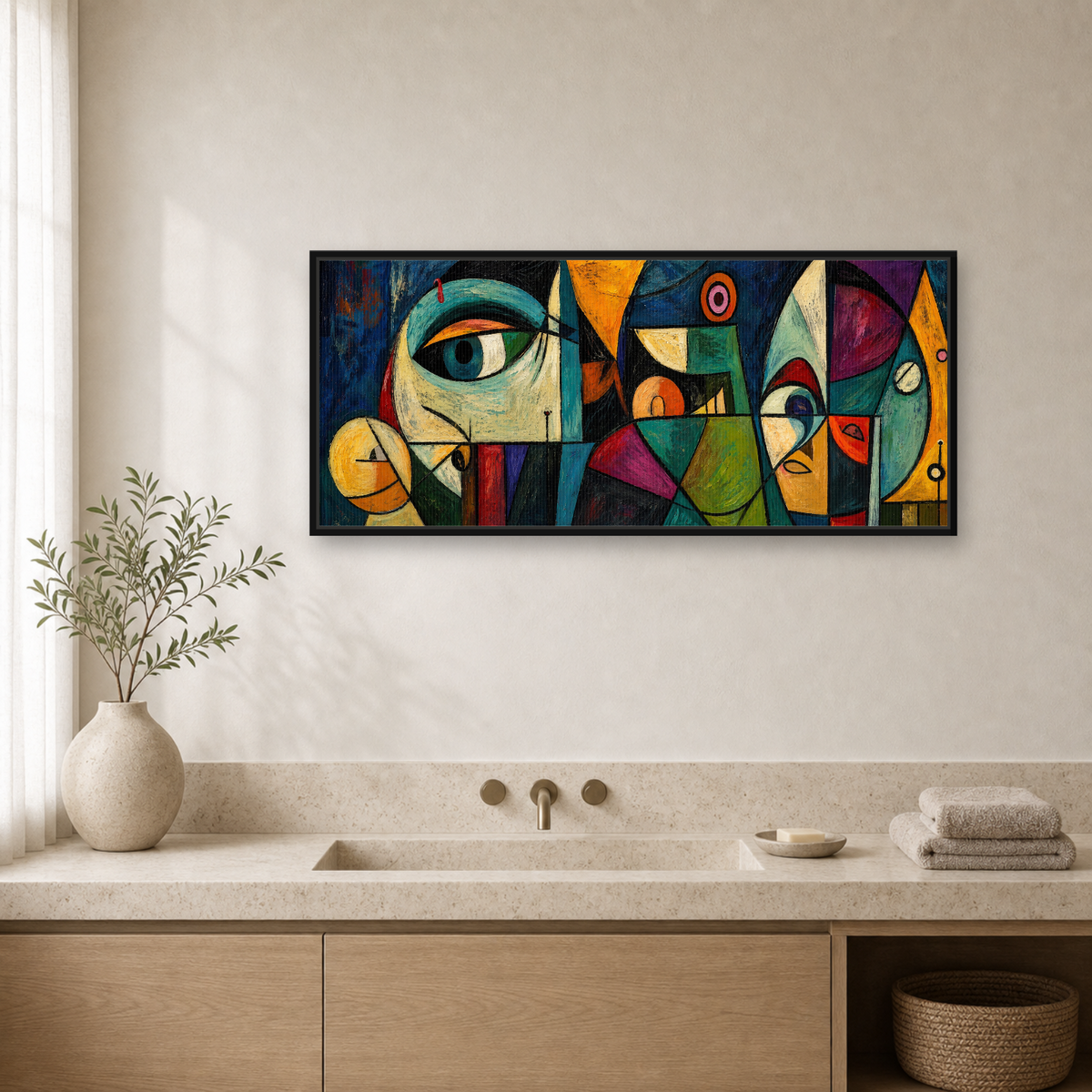 Midnight Geometry Framed Canvas Wall Art – Colorful Cubist Abstract Artwork