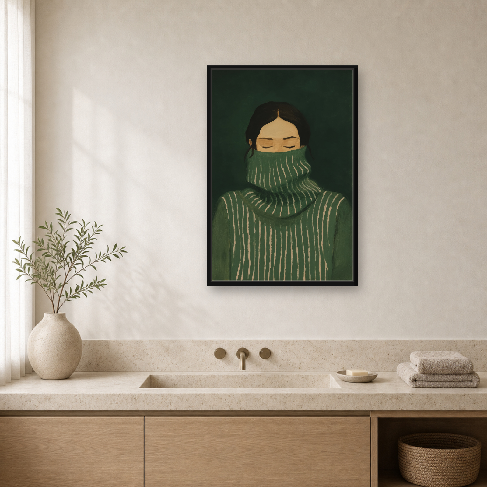 Emerald Stillness Framed Canvas Wall Art – Minimalist Figurative Portrait