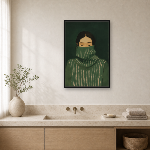 Emerald Stillness Framed Canvas Wall Art – Minimalist Figurative Portrait