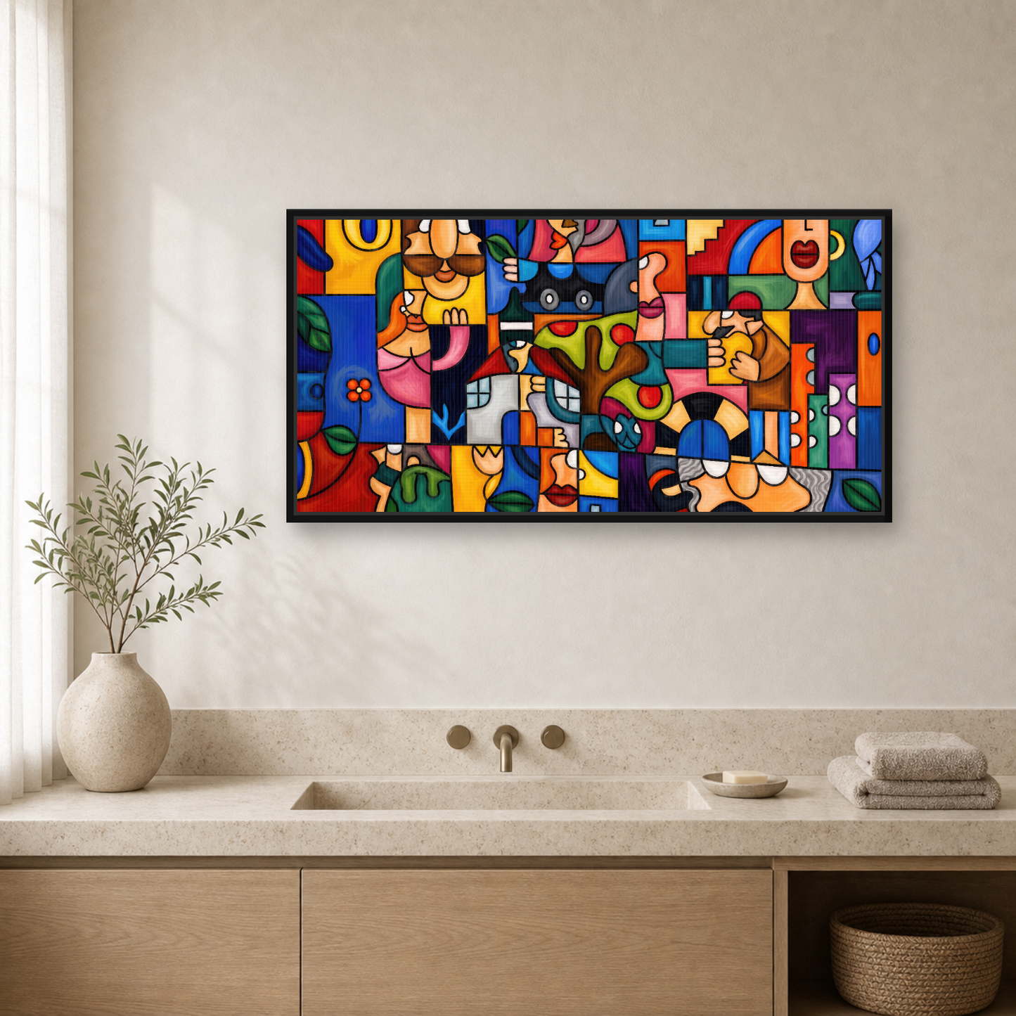 Geometry Framed Canvas Wall Art – Colorful Cubist Abstract Artwork