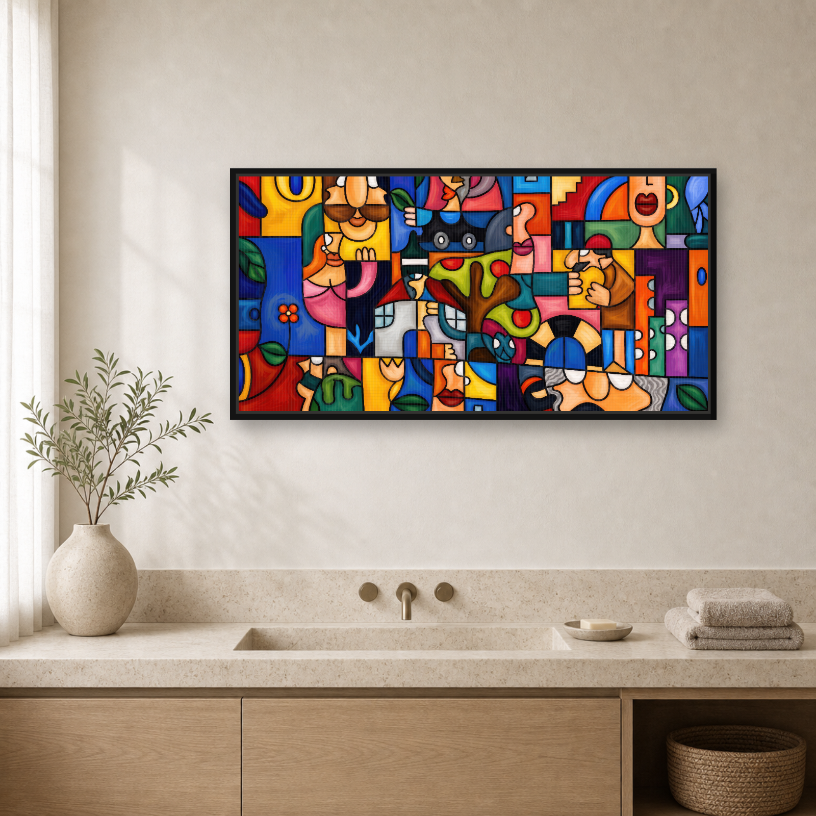 Geometry Framed Canvas Wall Art – Colorful Cubist Abstract Artwork