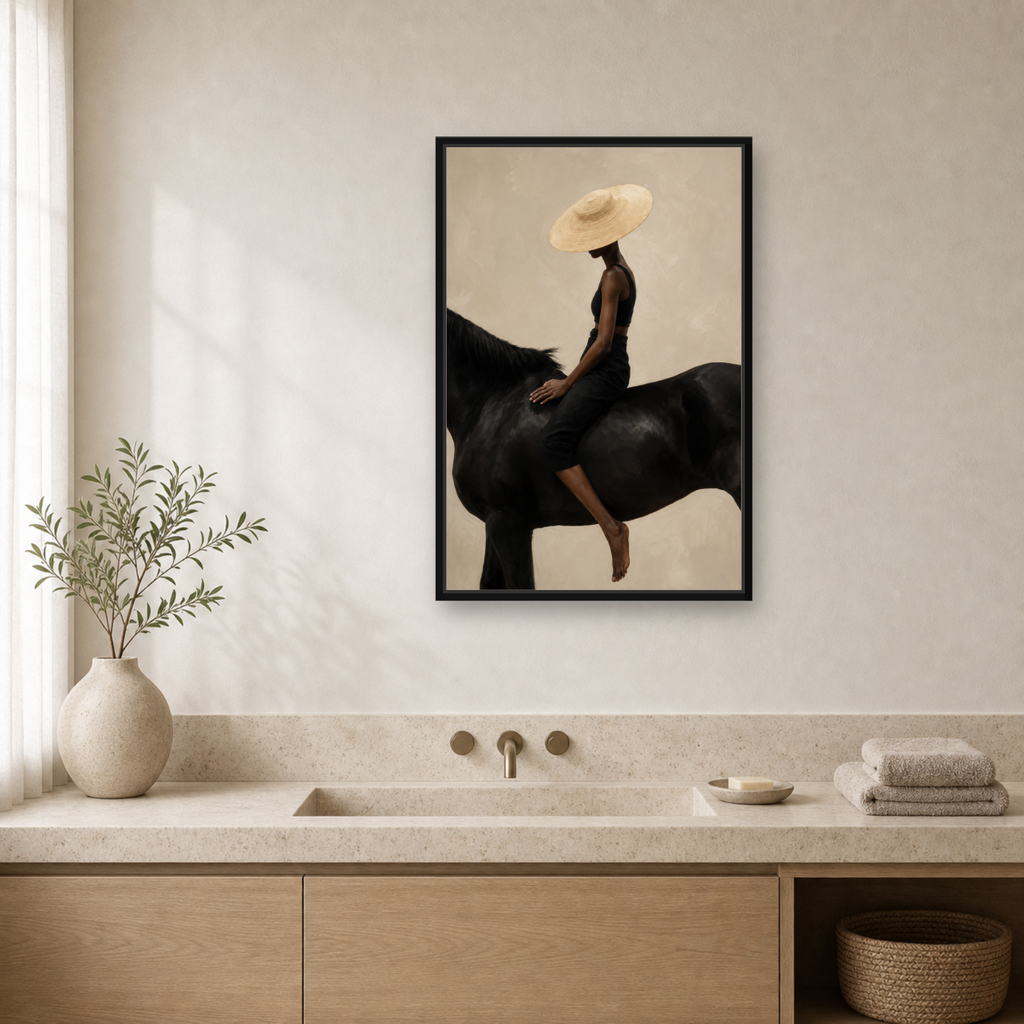Quiet Ride Framed Canvas Wall Art – Elegant Woman on Black Horse Artwork