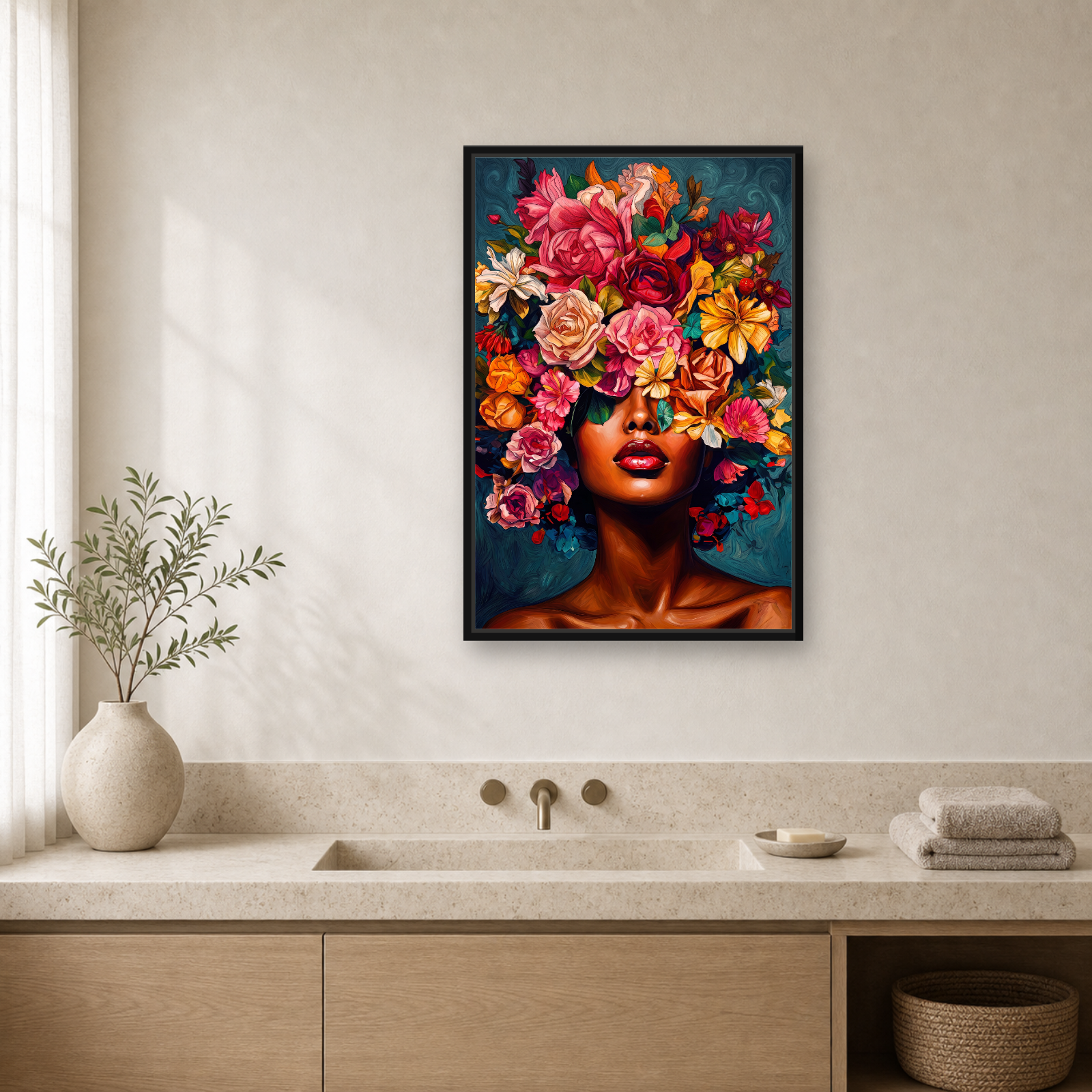 Floral Muse Framed Canvas Wall Art – Elegant Botanical Woman Portrait