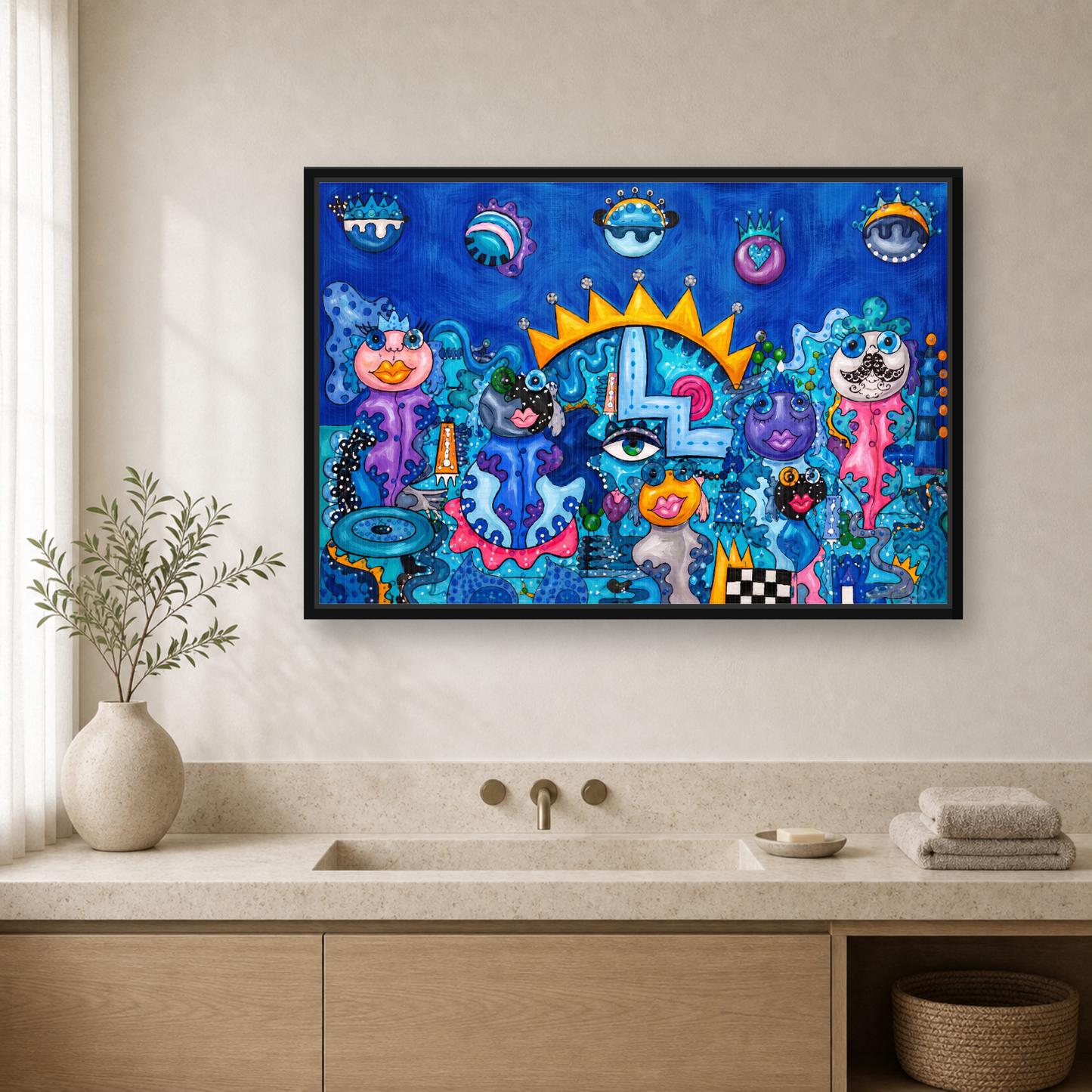 Blue Kingdom Framed Canvas Wall Art – Whimsical Surreal Pop Art