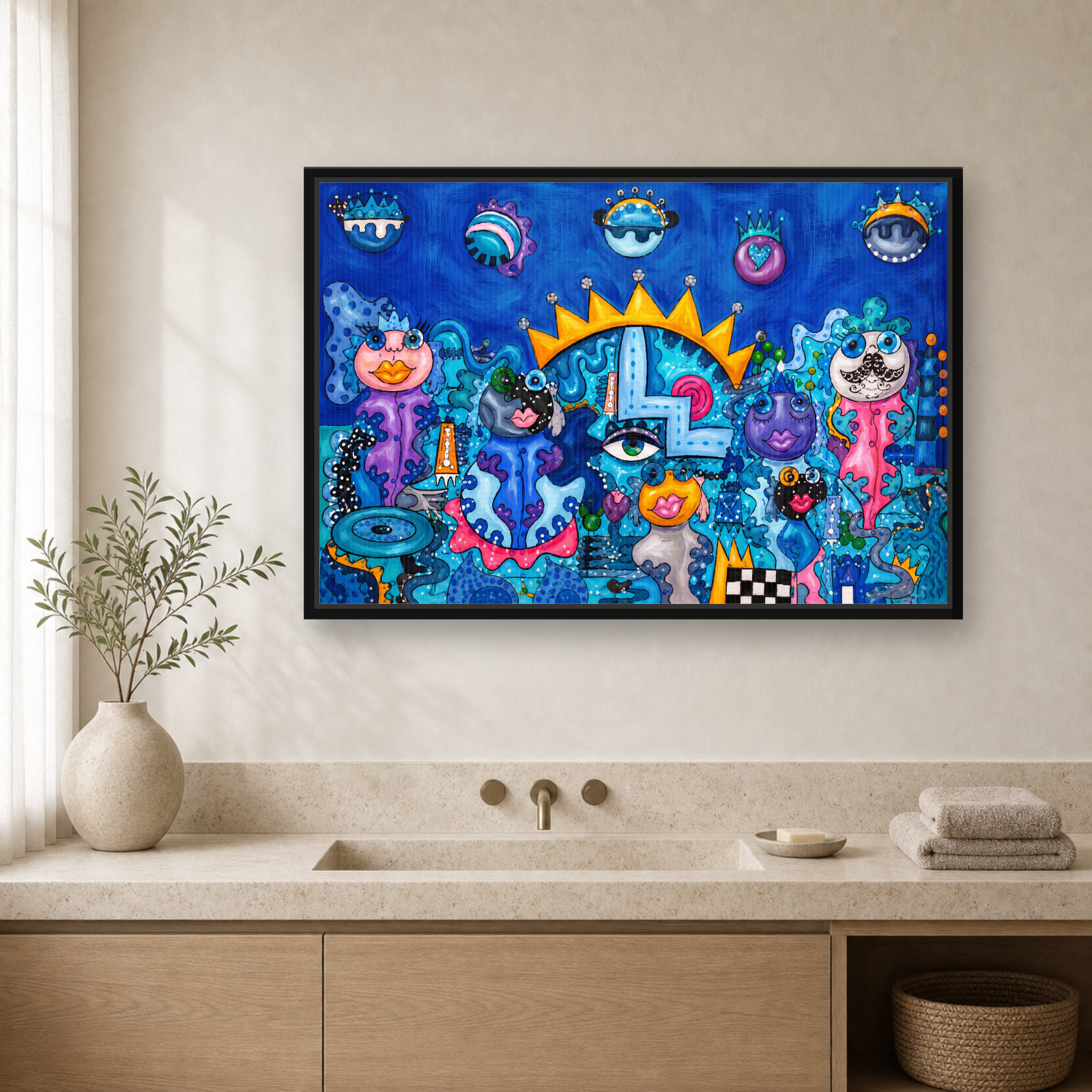 Blue Kingdom Framed Canvas Wall Art – Whimsical Surreal Pop Art