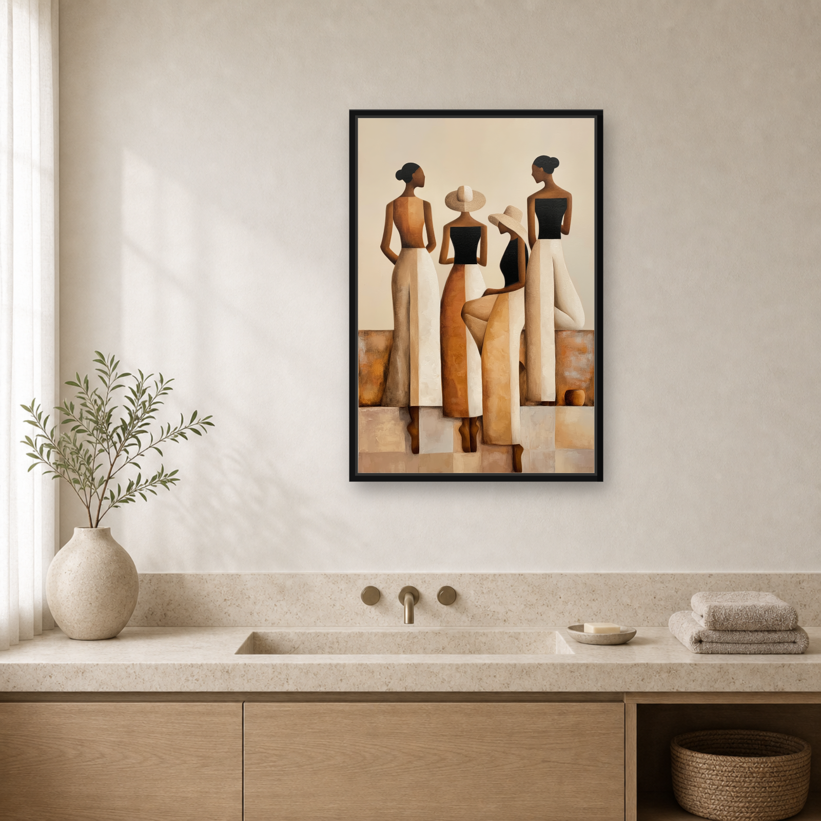 Sisterhood in Neutrals Framed Canvas Wall Art – Elegant Figurative Artwork