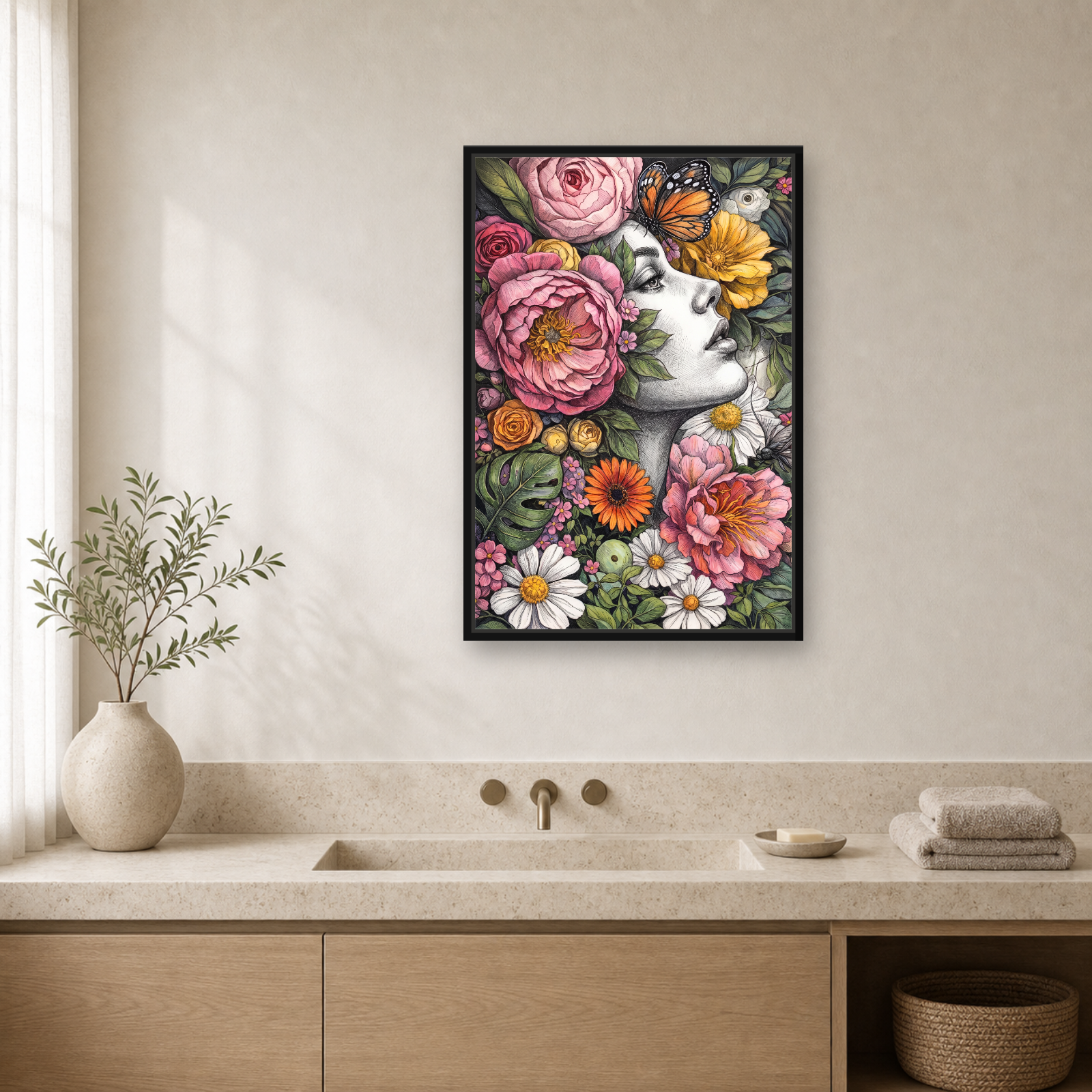 Floral Muse Framed Canvas Wall Art – Elegant Botanical Woman Portrait